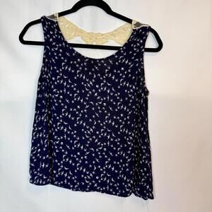 Cato Bird Print Size M Tank Top Navy Sleeveless Blouse Crochet Lace Back